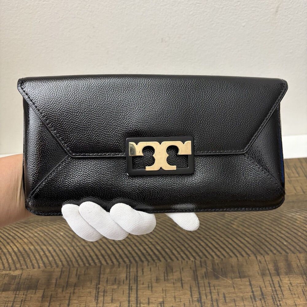 Tory Burch Black Textured Patent Leather Gigi Clutch Bag Gold-tone Logo 10x5"